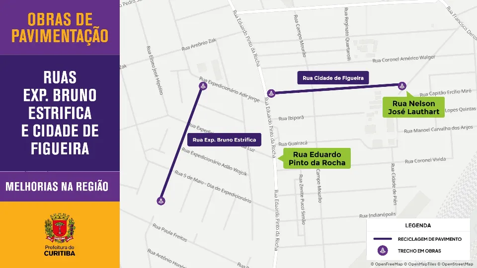 Mapa oficial das obras de pavimentação no Alto Boqueirão, em Curitiba, destacando trechos das ruas Expedicionário Bruno Estrifica e Cidade de Figueira.