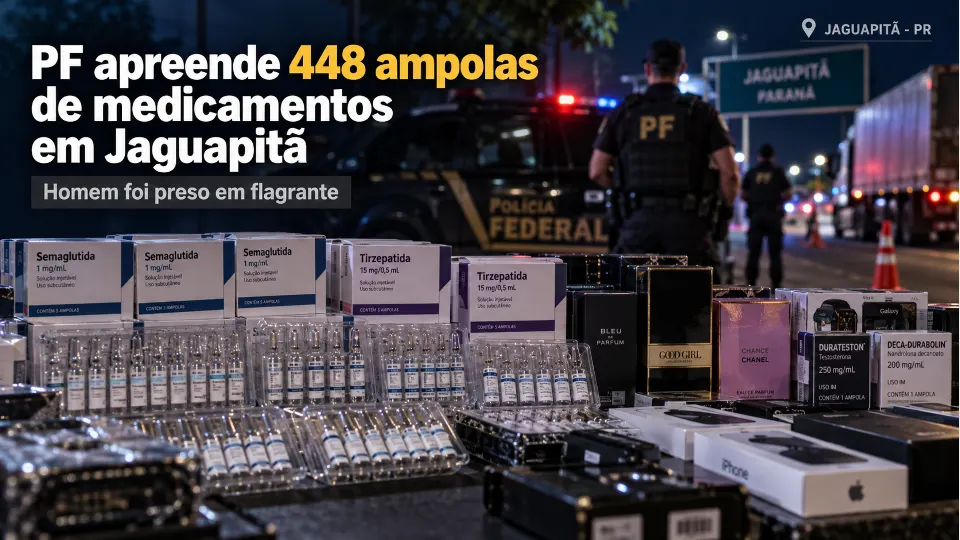 Arte ilustrativa mostra ampolas de medicamentos, caixas de produtos apreendidos e agentes em operação policial em Jaguapitã, no Paraná.