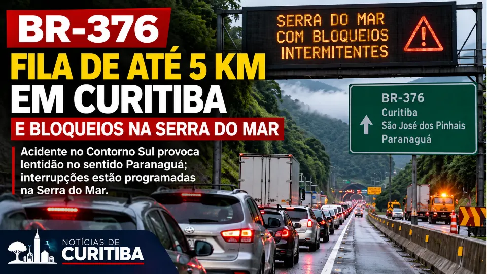 Arte ilustrativa mostra congestionamento na BR-376 e alerta para bloqueios na Serra do Mar.