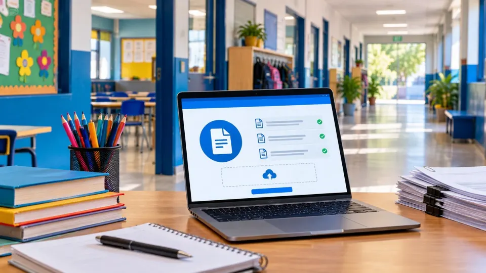 Computador com sistema de envio de documentos em ambiente escolar, ilustrando convocação de concurso público em Curitiba.