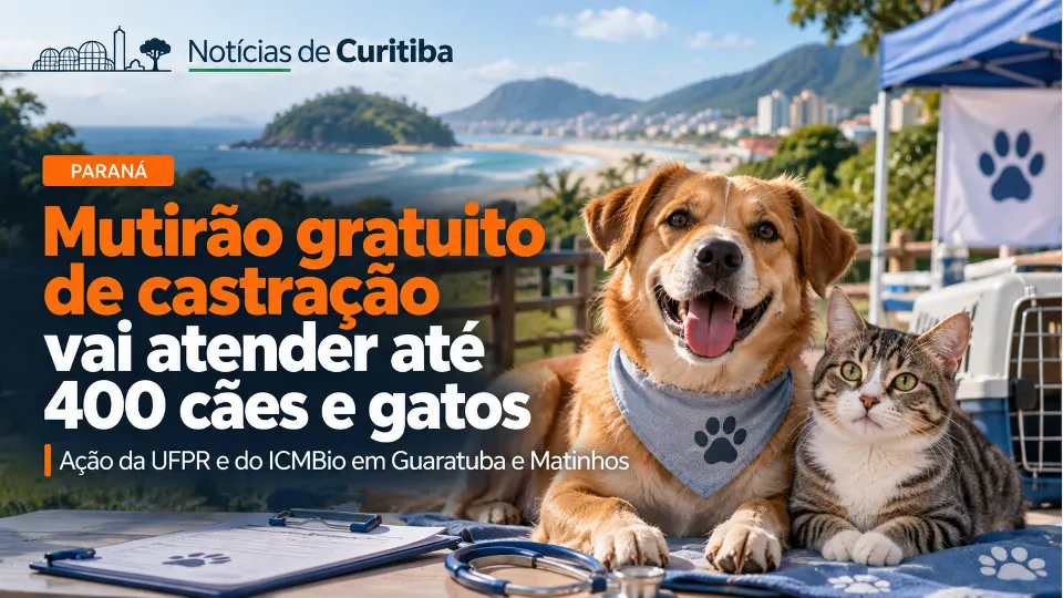 Arte ilustrativa com um cão e um gato em destaque e chamada sobre mutirão gratuito de castração em Guaratuba e Matinhos, no Litoral do Paraná.