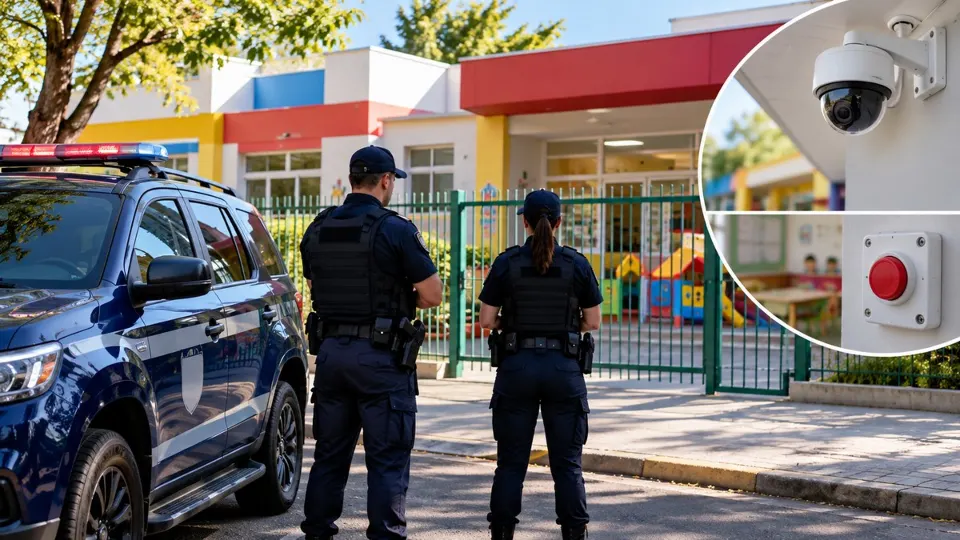 Ilustração de agentes de segurança diante de uma creche, com câmera de monitoramento e botão de emergência.