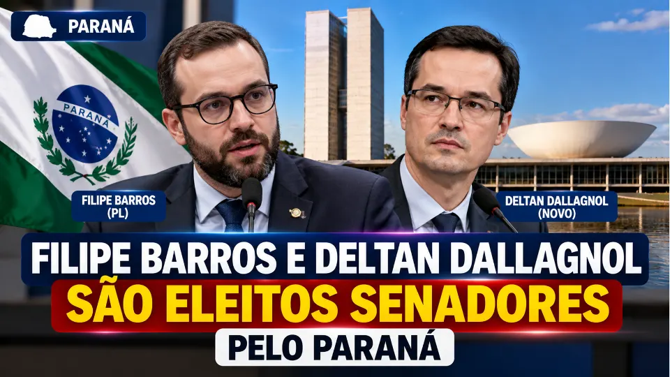 Arte sobre Filipe Barros e Deltan Dallagnol eleitos senadores pelo Paraná, com o Congresso Nacional ao fundo.