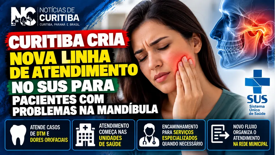 Arte do Notícias de Curitiba sobre a nova linha de atendimento do SUS para pacientes com problemas na mandíbula, DTM e dores orofaciais.