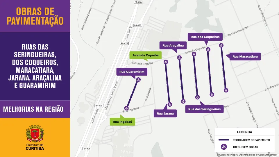 Mapa das obras de pavimentação nas ruas das Seringueiras, dos Coqueiros, Maracatiara, Jarana, Araçalina e Guaramirim, no Bairro Alto, em Curitiba.