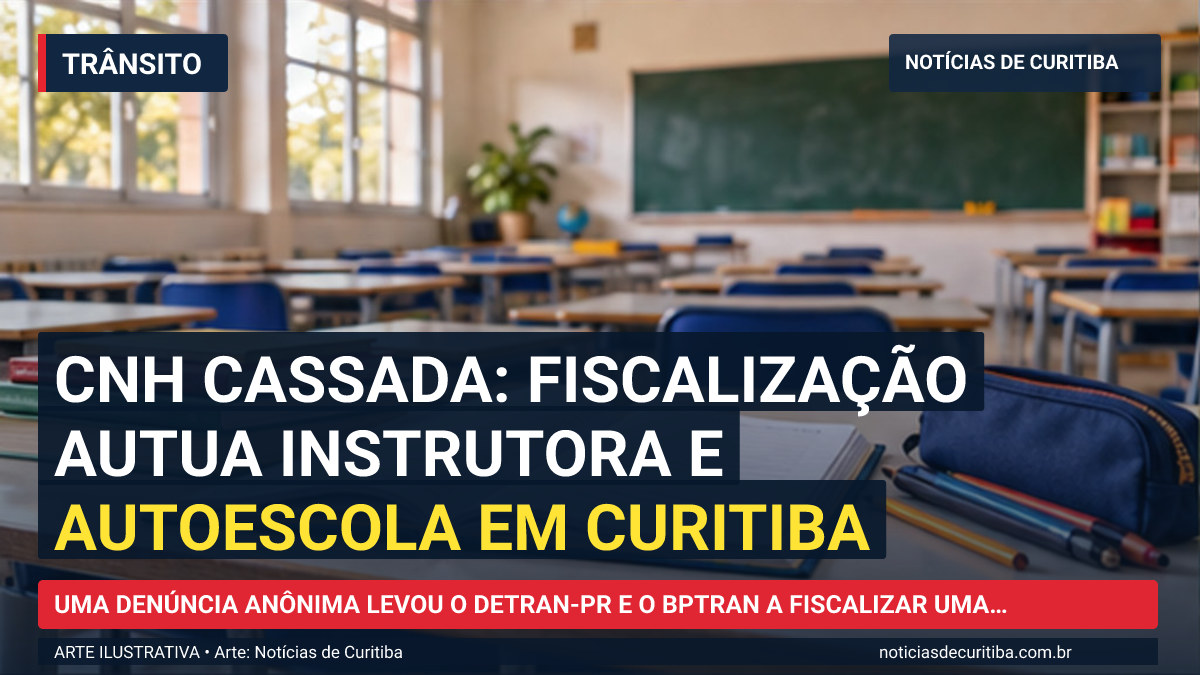 Ilustração do Notícias de Curitiba sobre CNH cassada: fiscalização autua instrutora e autoescola em Curitiba.