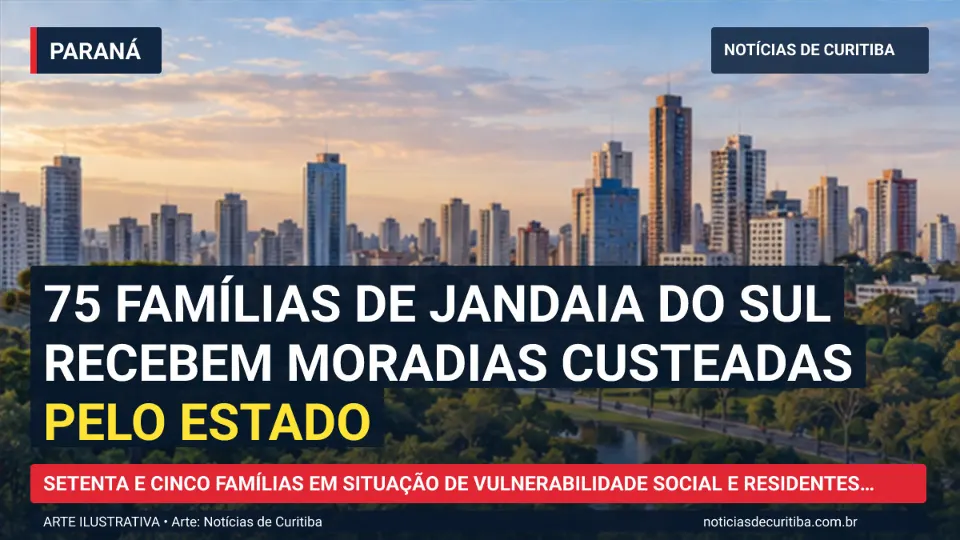 Ilustração do Notícias de Curitiba sobre 75 famílias de Jandaia do Sul recebem moradias custeadas pelo Estado.