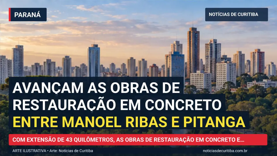 Ilustração do Notícias de Curitiba sobre Avançam as obras de restauração em concreto entre Manoel Ribas e Pitanga.
