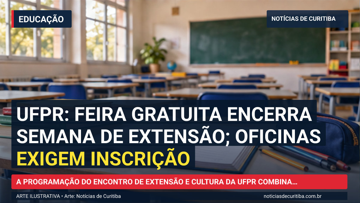 Ilustração do Notícias de Curitiba sobre UFPR: feira gratuita encerra semana de extensão; oficinas exigem inscrição.