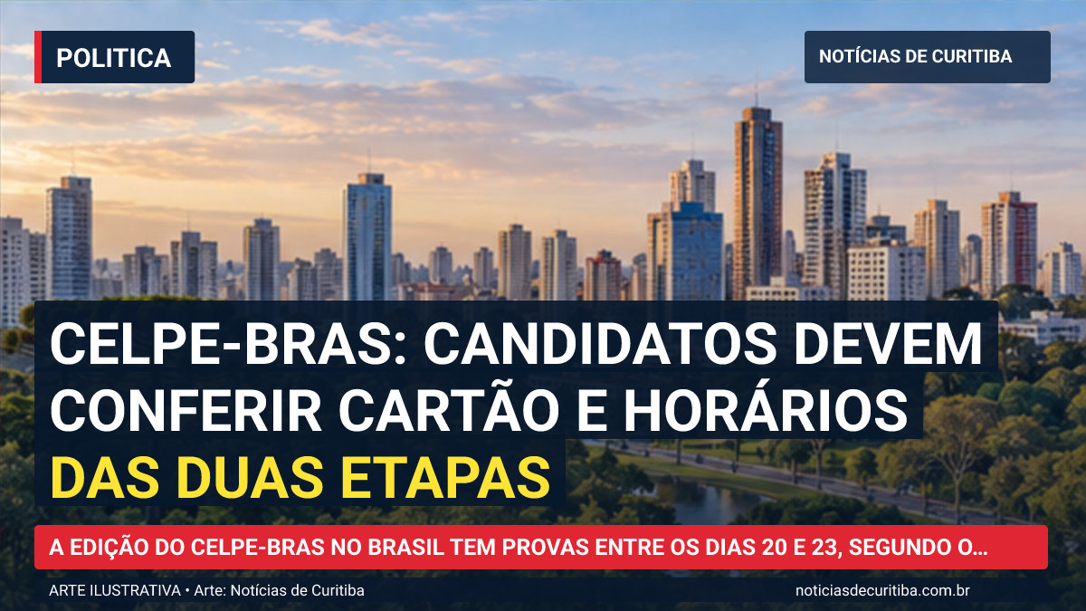 Ilustração do Notícias de Curitiba sobre Celpe-Bras: candidatos devem conferir cartão e horários das duas etapas.