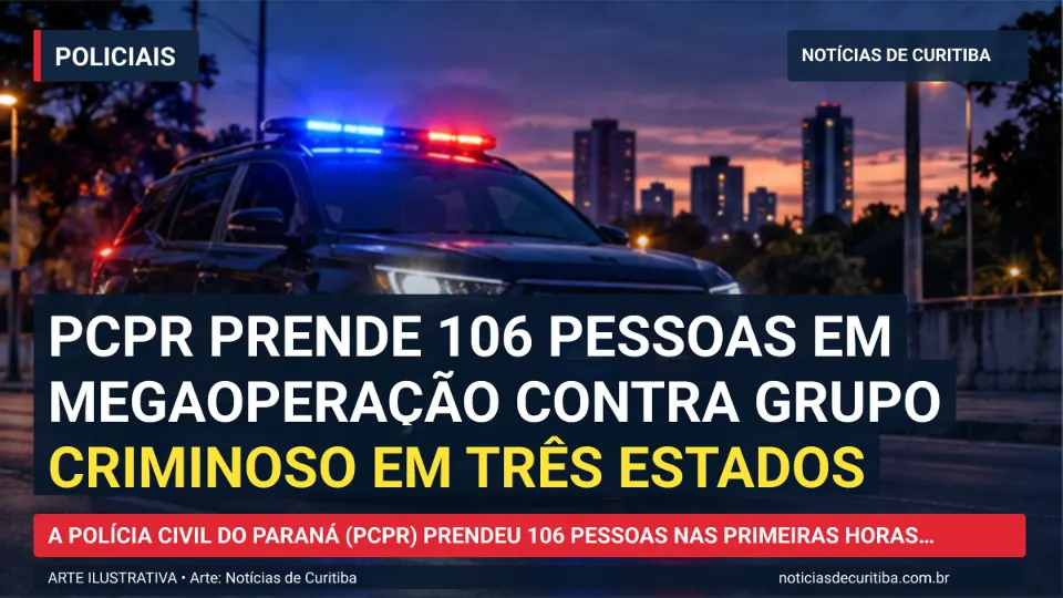Ilustração do Notícias de Curitiba sobre PCPR prende 106 pessoas em megaoperação contra grupo criminoso em três estados.