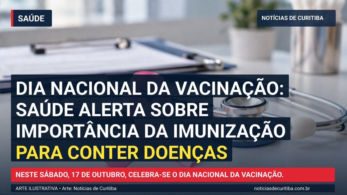 Ilustração do Notícias de Curitiba sobre Dia Nacional da Vacinação: Saúde alerta sobre importância da imunização para conter doenças.