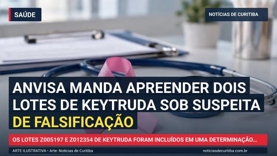 Ilustração do Notícias de Curitiba sobre Anvisa manda apreender dois lotes de Keytruda sob suspeita de falsificação.