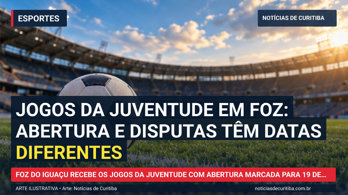 Ilustração do Notícias de Curitiba sobre Jogos da Juventude em Foz: abertura e disputas têm datas diferentes.