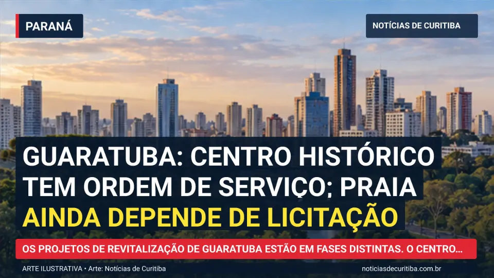 Ilustração do Notícias de Curitiba sobre Guaratuba: centro histórico tem ordem de serviço; praia ainda depende de licitação.