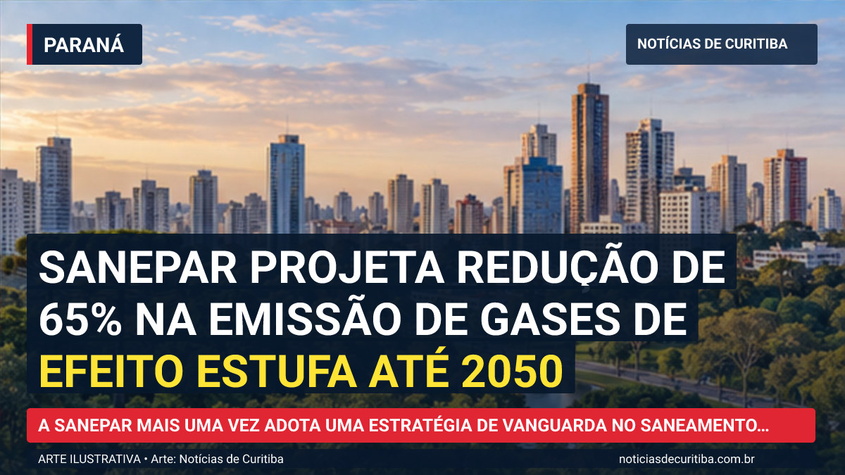 Ilustração do Notícias de Curitiba sobre Sanepar projeta redução de 65% na emissão de gases de efeito estufa até 2050.