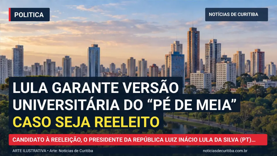 Ilustração do Notícias de Curitiba sobre Lula garante versão universitária do “Pé de Meia” caso seja reeleito.