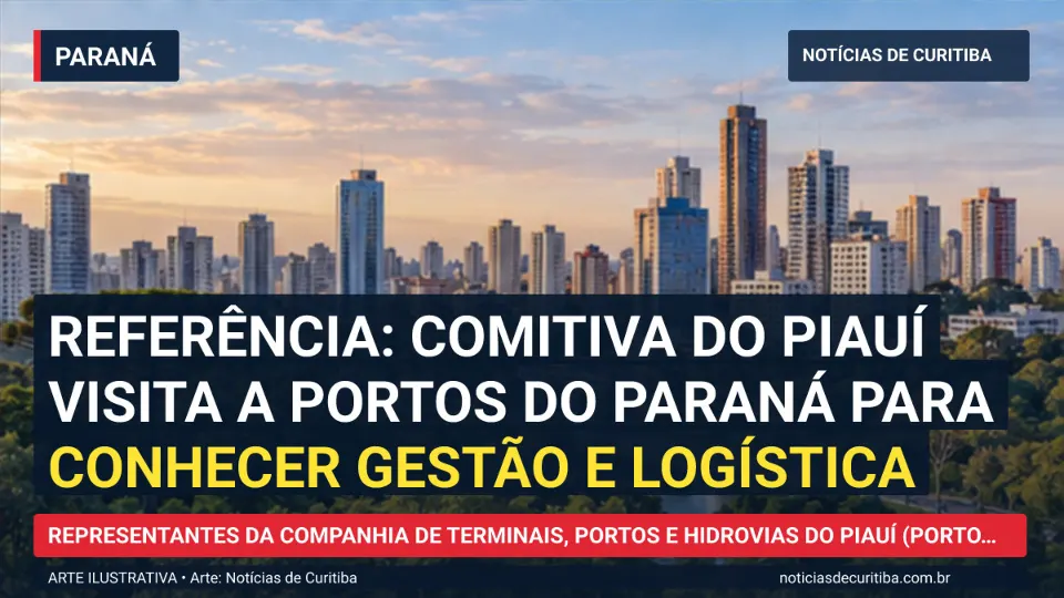 Ilustração do Notícias de Curitiba sobre Referência: comitiva do Piauí visita a Portos do Paraná para conhecer gestão e logística.