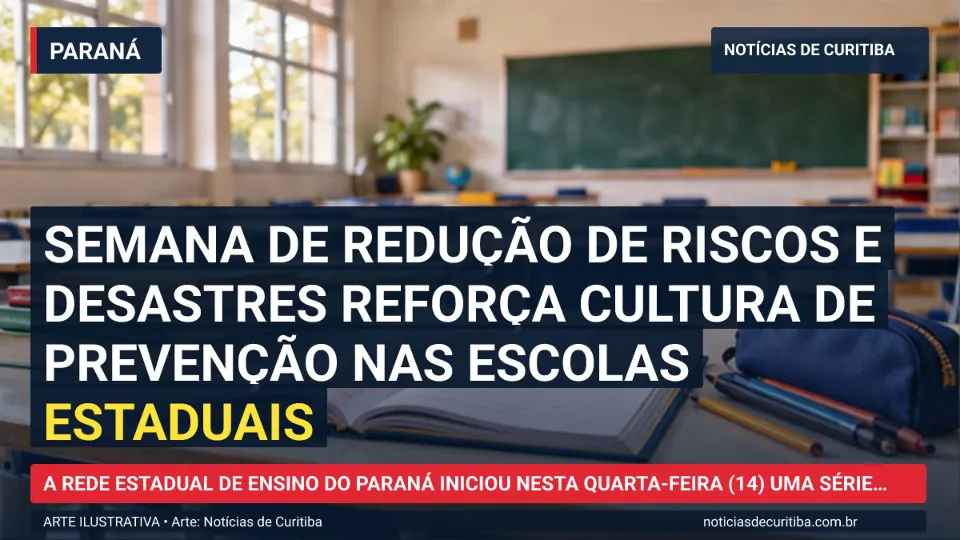 Ilustração do Notícias de Curitiba sobre Semana de redução de riscos e desastres reforça cultura de prevenção nas escolas estaduais.