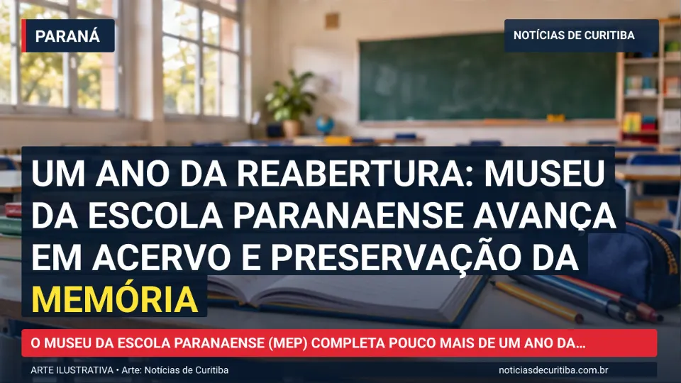 Ilustração do Notícias de Curitiba sobre Um ano da reabertura: Museu da Escola Paranaense avança em acervo e preservação da memória.