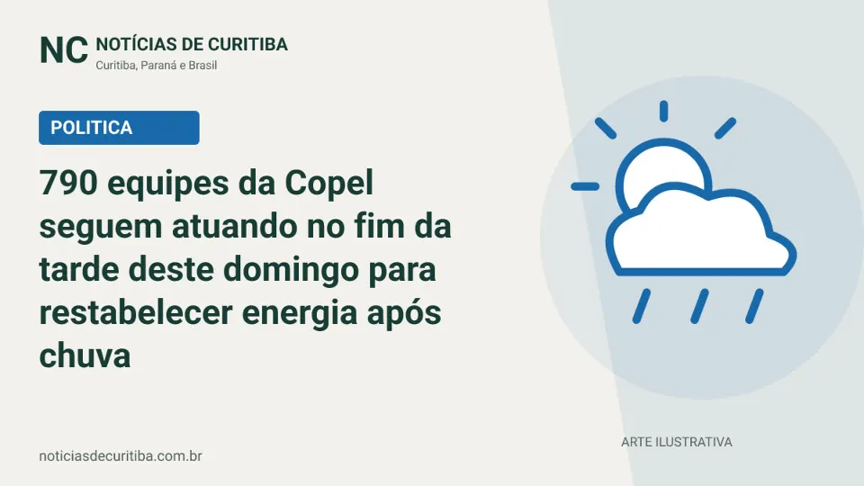 Capa do Notícias de Curitiba para matéria sobre 790 equipes da Copel seguem atuando no fim da tarde deste domingo para restabelecer energia após chuva.