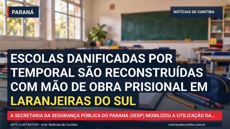 Ilustração do Notícias de Curitiba sobre Escolas danificadas por temporal são reconstruídas com mão de obra prisional em Laranjeiras do Sul.