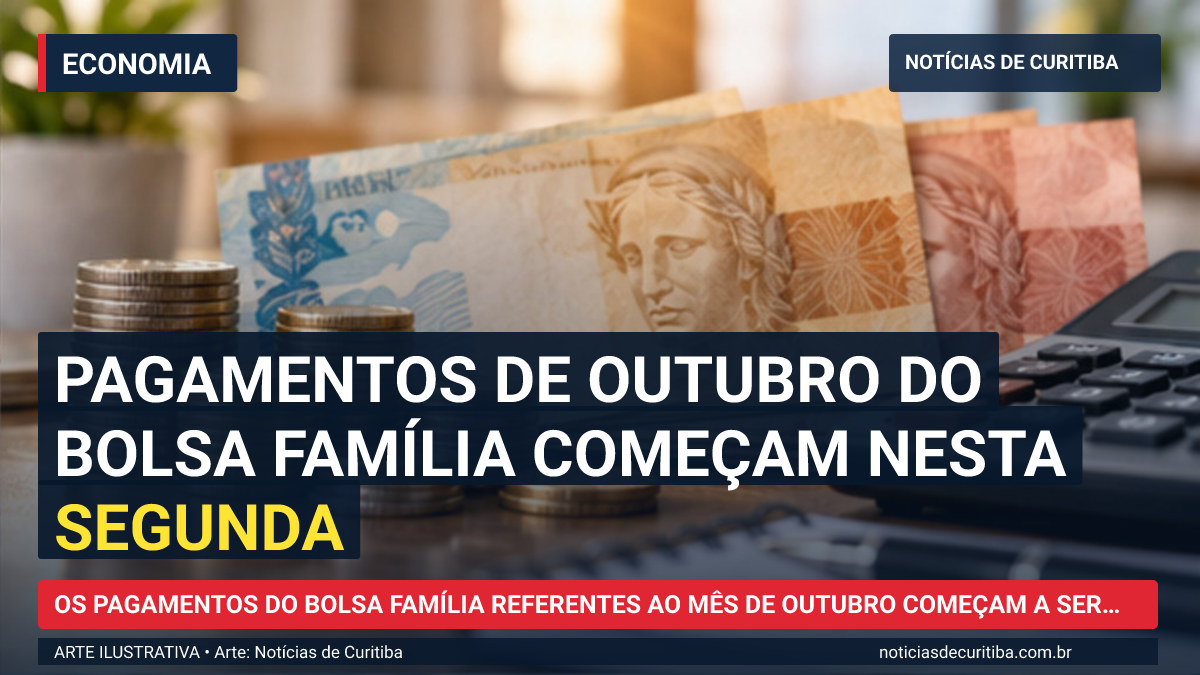 Ilustração do Notícias de Curitiba sobre Pagamentos de outubro do Bolsa Família começam nesta segunda.