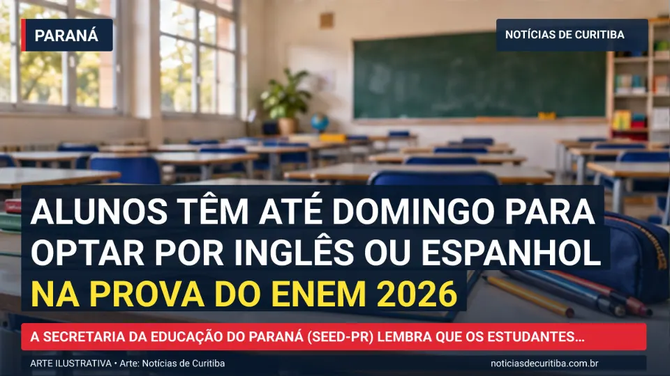 Ilustração do Notícias de Curitiba sobre Alunos têm até domingo para optar por inglês ou espanhol na prova do Enem 2026.