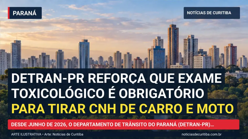 Ilustração do Notícias de Curitiba sobre Detran-PR reforça que exame toxicológico é obrigatório para tirar CNH de carro e moto.