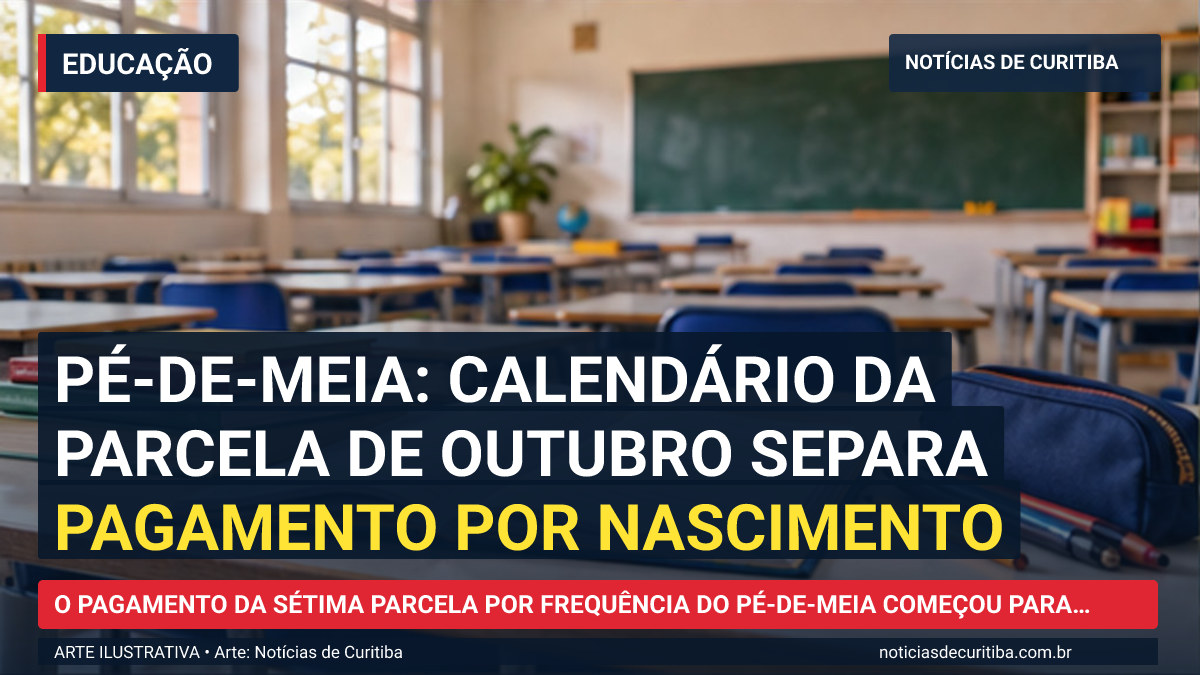 Ilustração do Notícias de Curitiba sobre Pé-de-Meia: calendário da parcela de outubro separa pagamento por nascimento.