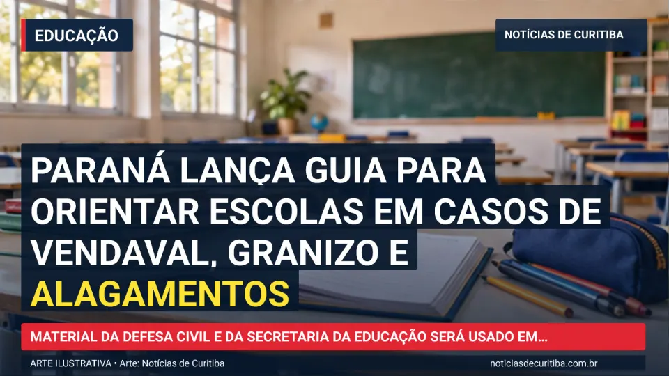 Capa do Notícias de Curitiba para matéria sobre Paraná lança guia para orientar escolas em casos de vendaval, granizo e alagamentos.
