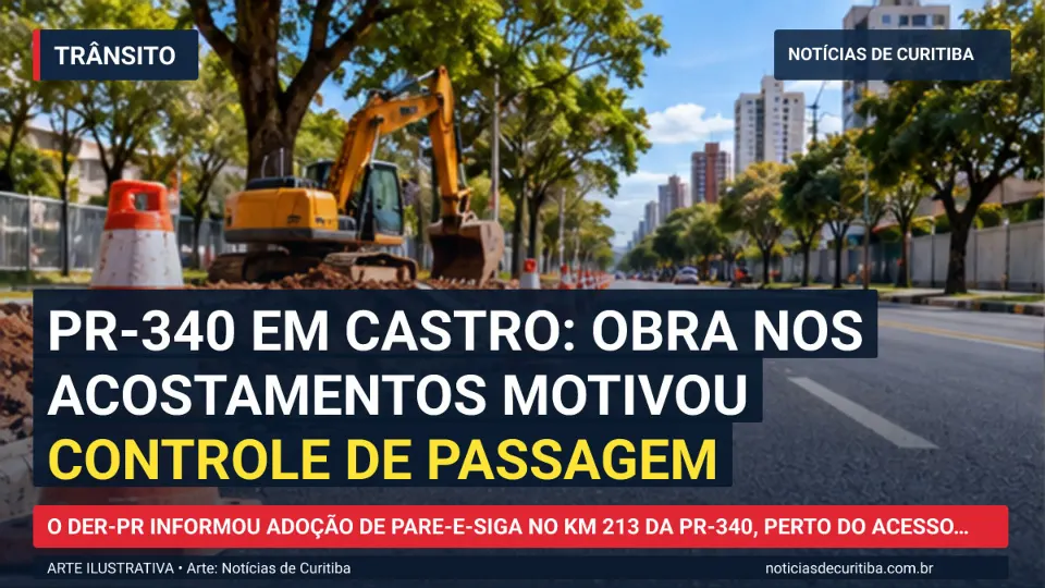 Ilustração do Notícias de Curitiba sobre PR-340 em Castro: obra nos acostamentos motivou controle de passagem.