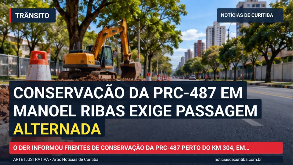 Ilustração do Notícias de Curitiba sobre Conservação da PRC-487 em Manoel Ribas exige passagem alternada.