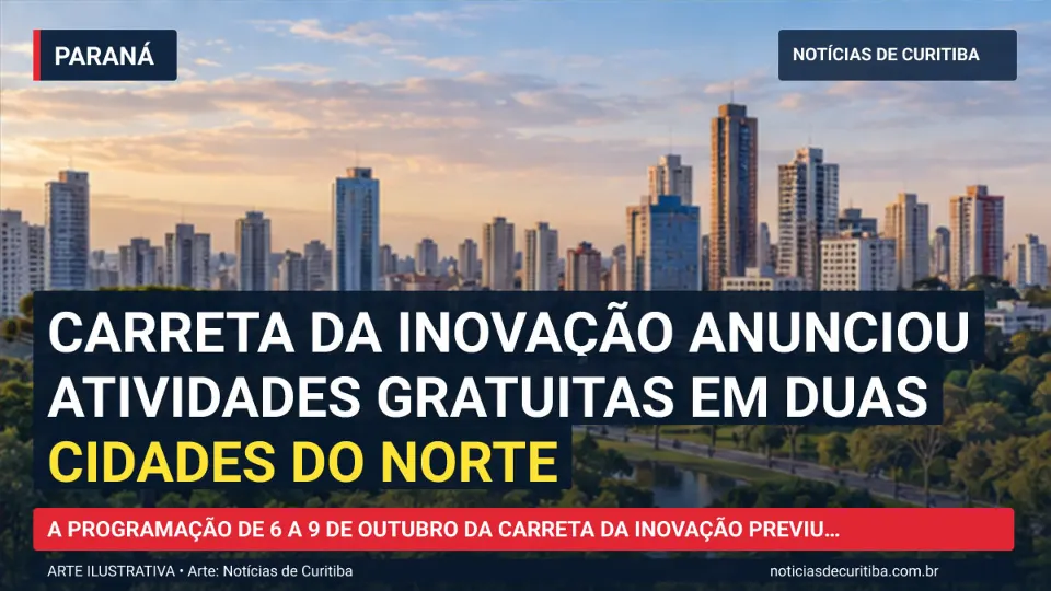 Ilustração do Notícias de Curitiba sobre Carreta da Inovação anunciou atividades gratuitas em duas cidades do Norte.