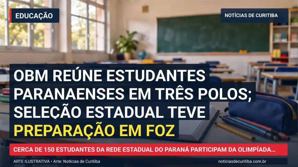 Ilustração do Notícias de Curitiba sobre OBM reúne estudantes paranaenses em três polos; seleção estadual teve preparação em Foz.