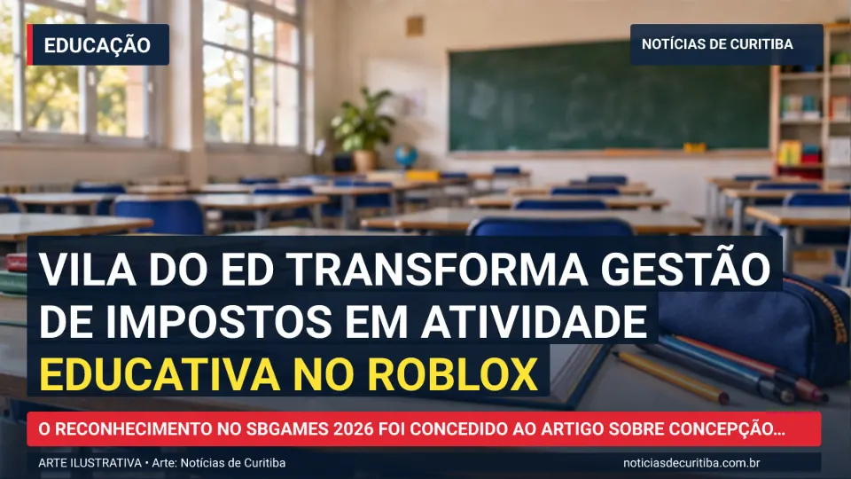 Ilustração do Notícias de Curitiba sobre Vila do ED transforma gestão de impostos em atividade educativa no Roblox.
