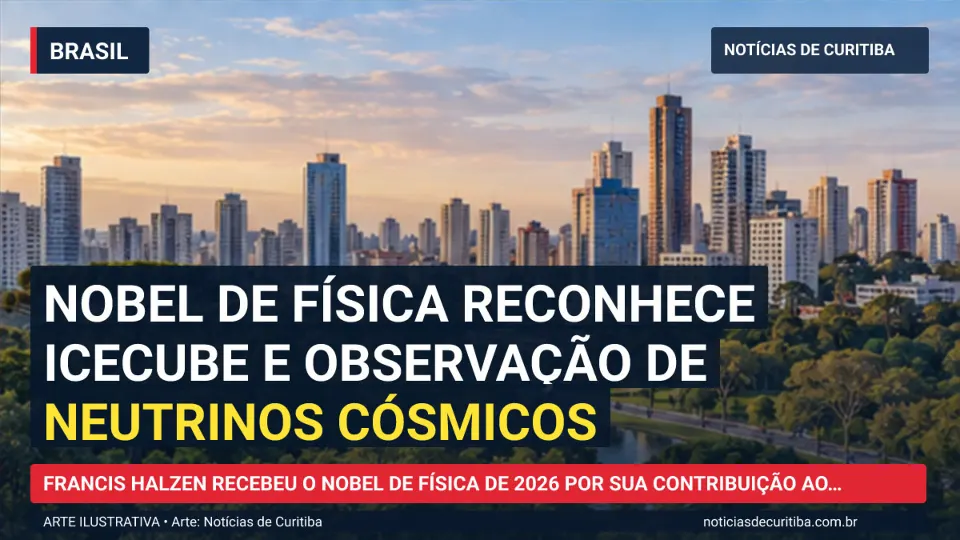 Ilustração do Notícias de Curitiba sobre Nobel de Física reconhece IceCube e observação de neutrinos cósmicos.