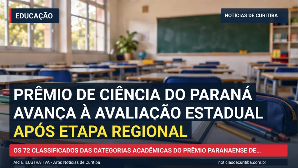 Ilustração do Notícias de Curitiba sobre Prêmio de Ciência do Paraná avança à avaliação estadual após etapa regional.