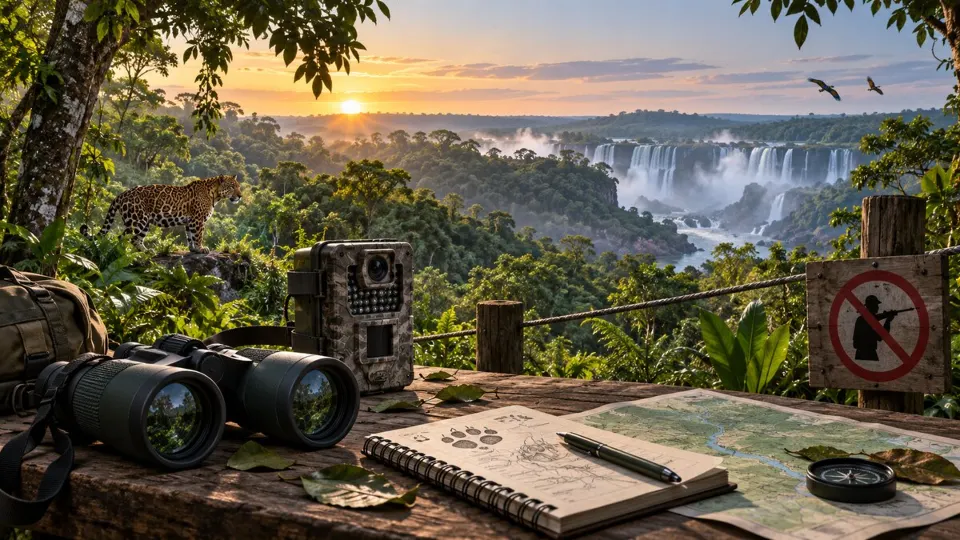 Ilustração editorial da Mata Atlântica e do monitoramento da fauna no Parque Nacional do Iguaçu