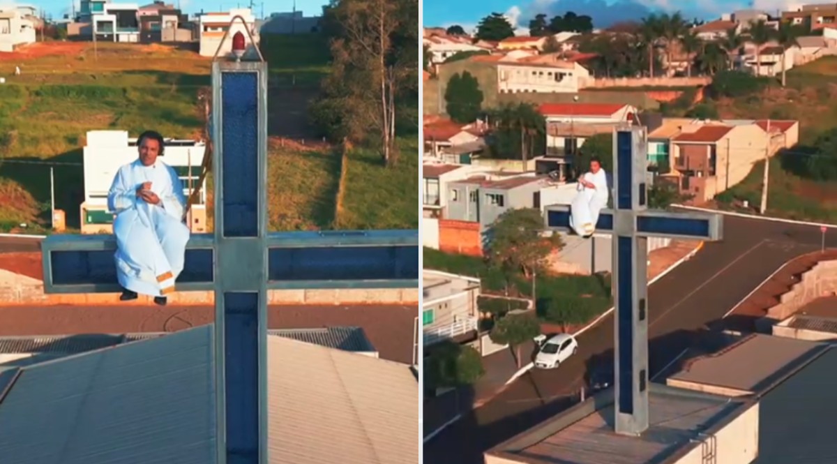 Padre de Apucarana sobe em cruz de 30 metros para convidar fiéis para festa