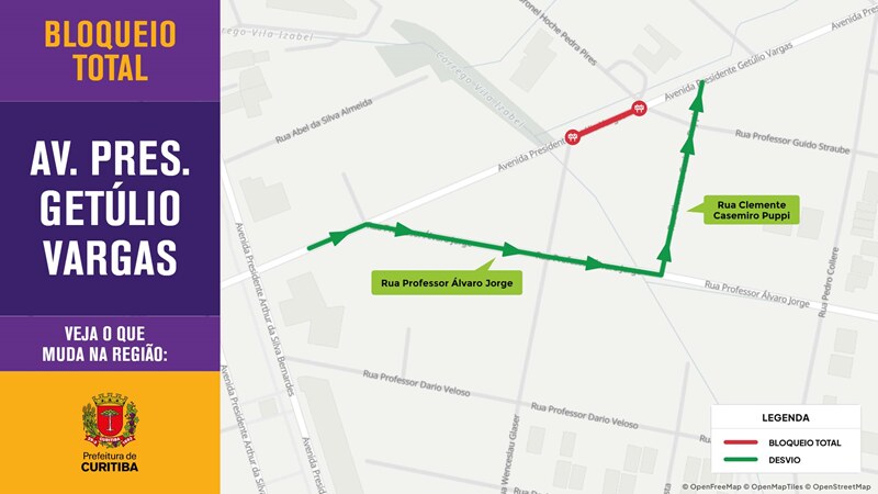 Avenida Getúlio Vargas terá bloqueio total nesta terça-feira em Curitiba